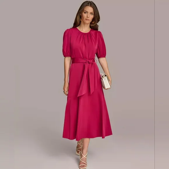 Donna Karan Fuchsia Midi Dress with Puff Sleeves - Picture 1 of 9